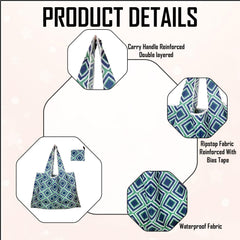 MOMISY Designer Pattern Reusable and Foldable Shopping Bag/Tote Hand bag/Travel Bag/Grocery Bag | Heavy Duty, Eco Friendly | Compact, Lightweight and Convenient (Diamond Blue)
