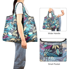 MOMISY Womens Designer Pattern Reusable And Foldable Shopping Bag/Tote Hand Bag/Travel Bag/Grocery Bag | Heavy Duty, Eco Friendly | Compact, Lightweight And Convenient (Leaves Cyan), Leaves Cyan