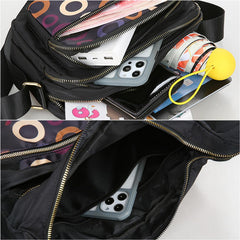 MOMISY Ladies Crossbody Bag, Nylon Shoulder Mobile Phone Purse, Circle Pattern, Black with Multi-Colour