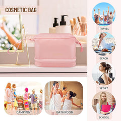 MOMISY Large Capacity Cosmetic Travel Bag, Women's Makeup Travel Bag Portable Leather Cosmetics Bag, Makeup Storage Bags with Handle and Divider, Wide Opening Cosmetic/Makeup Organizer (Pink)