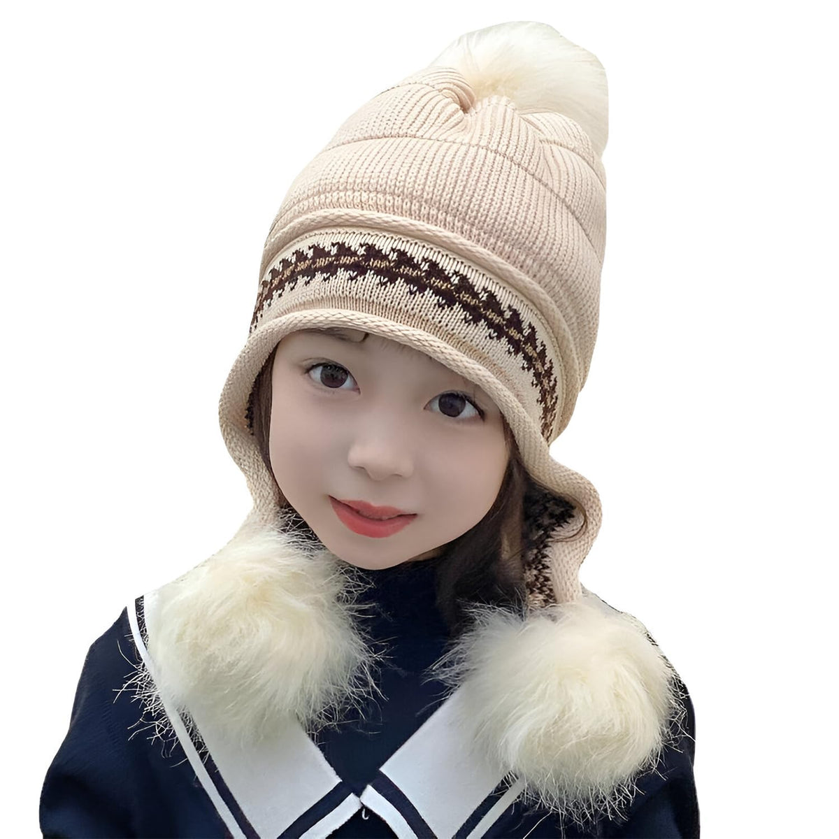 MOMISY Girl's Winter Warm Pom-Pom Balaclava Hat Full Cover Earflap Hood Cap_5-10 Years (Beige)