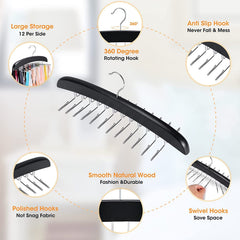 MOMISY Tie Belt Clothes Wooden Closet Hanger Tie Storage Racks Wood Belt Hanger Multipurpose Wardrobe Organizers for Men Women Belt Tie Scarf Messenger Bag Supplies (24 HooksBlack)