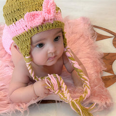 MOMISY Handmade Crochet Baby Photography Prop Set, Pink and Khaki Cap with Bow, Pants Photoshoot Costume