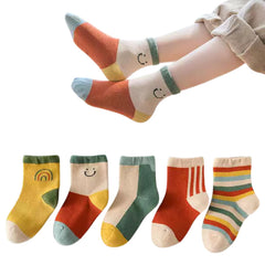 MOMISY 5 Pairs Girl Boys Tube Socks Toddlers Infant Solid Color Boat Spring and Autumn Socks Stretch Baby kids Sock (IN, Age, 9 Years, 12 Years, Rainbow Smiley/)