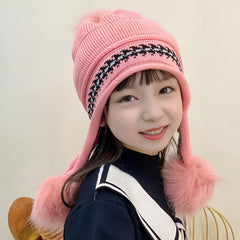MOMISY Girl's Winter Warm Pom-Pom Balaclava Hat Full Cover Earflap Hood Cap_5-10 Years (Pink)