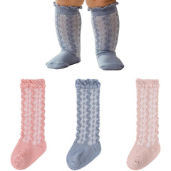 MOMISY 3 Pairs of Baby Spring Winter And Autumn Combed Cotton Long Tube Knee-High Socks (IN, Age, 0 Months, 12 Months, BluePinkPeach)