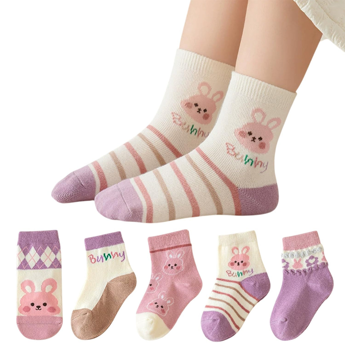 MOMISY 5 Pairs Baby kids Girl Boys Toddlers InfantmCotton Stretch Baby Socks (IN, Age, 1 Year, 3 Years, Purple Bunny)