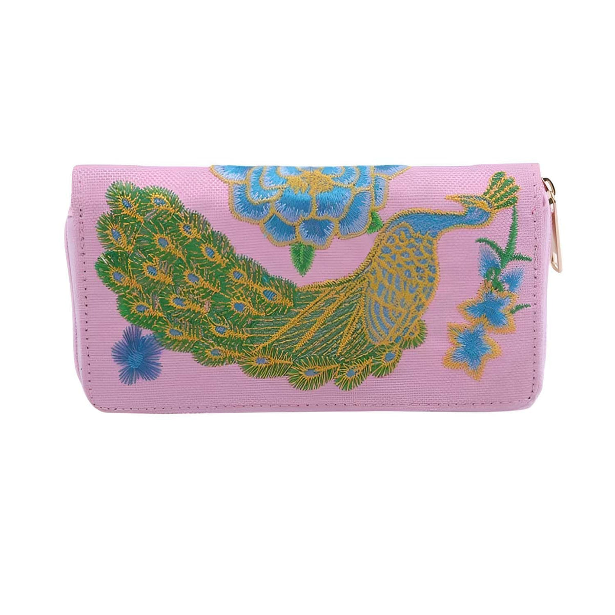 MOMISY Women's PU Leather Peacock Embroidery Clutch Purse, Handbag, Party Wedding Wallet with Zipper (Light Pink)