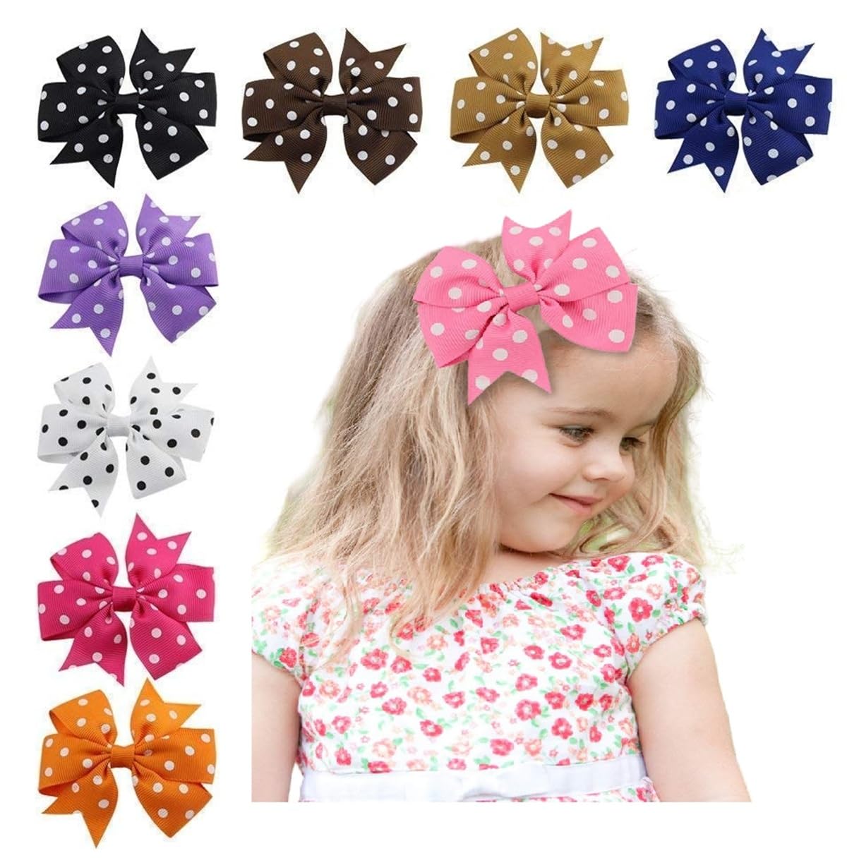 MOMISY Baby Girls Polka Design Ribbon Hair Bows Headbands Hair Band Hair Accessories for Babies- Pack of 8, Assorted Colour