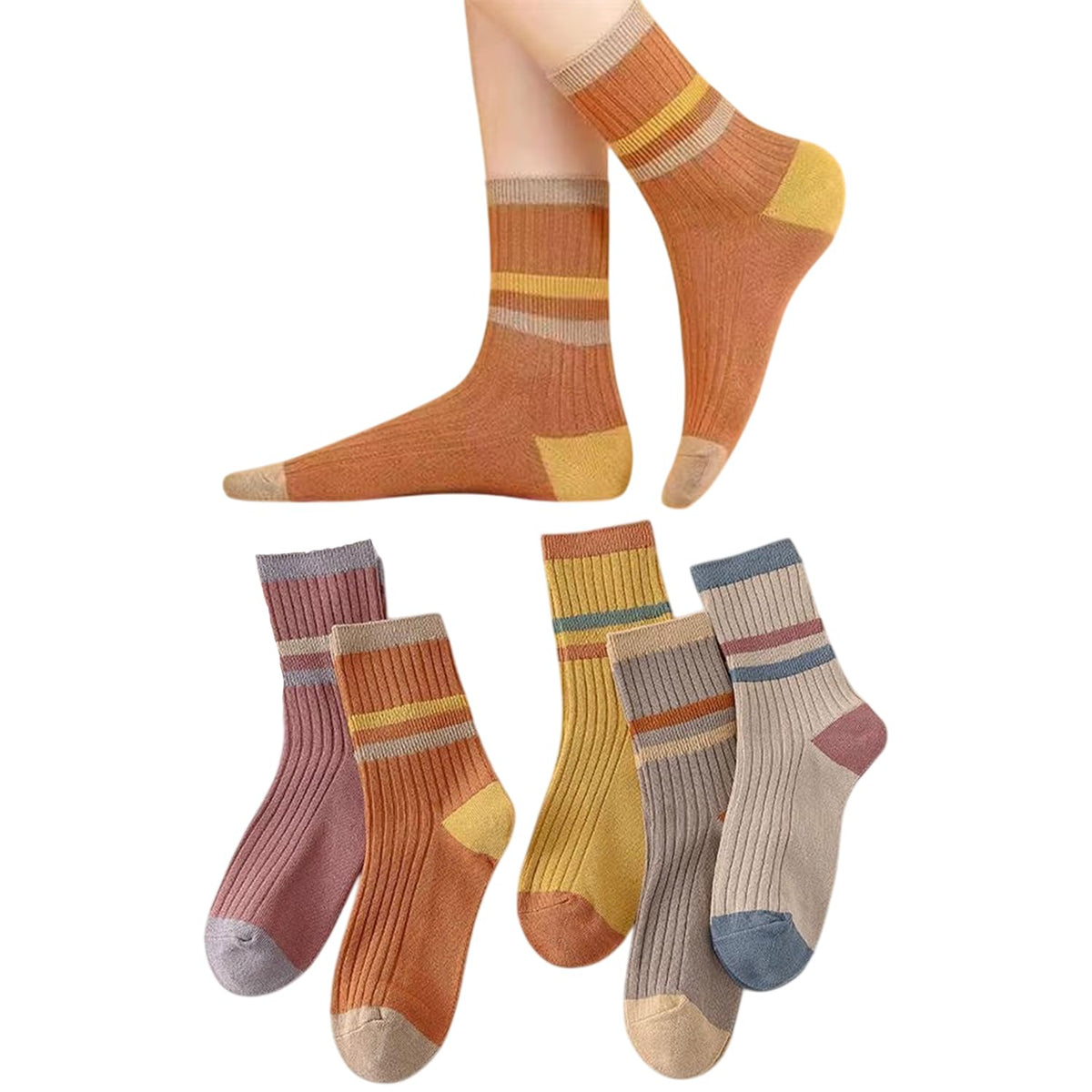 MOMISY Unisex Colorblock Ribbed Crew Socks Cotton Blend Striped Casual Socks 5 Pair (Multicolor)