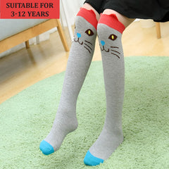 MOMISY 1 Pair of Baby Spring Winter And Autumn Combed Cotton Long Tube Knee-High Socks Suitable Age of 3 to 12 Years (IN, Age, 3 Years, 12 Years, GreyCat)