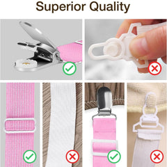 MOMISY Bed Sheet Holder Straps | Adjustable Bed Sheets Fastener and 3 Way Mattress Cover Holder Fasteners | The Triangle Bedding Keeper with Heavy Duty Grippers Clips Black Triangle (4pc/Set) (Pink)