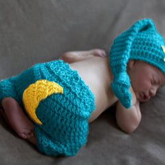 MOMISY Handmade Crochet Baby Photography Prop Set, Blue and Yellow Stars, Pant with Cap