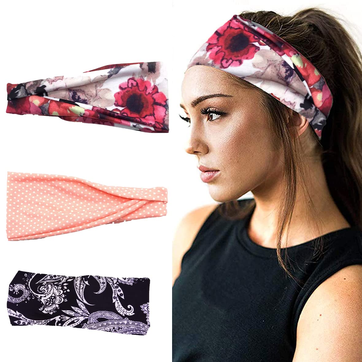 MOMISY 3Pcs Headbands for Women Yoga Running Sports Workout Hiking Hairband Elastic Non Slip Sweat for Girls- Black Peach Red Flower