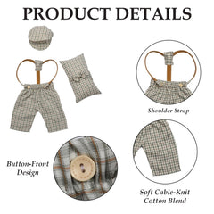 MOMISY Baby Photography Props Set, 4 Pieces, Gentleman Cap with Bow, Pillow and Dungaree (Khaki Grey, 0-3 Months)