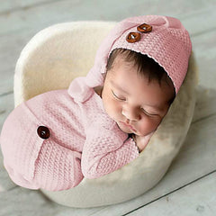 MOMISY Stretchable Bodysuit & Cap for Baby Boys Photography Photoshoot Props Costume- Light Pink