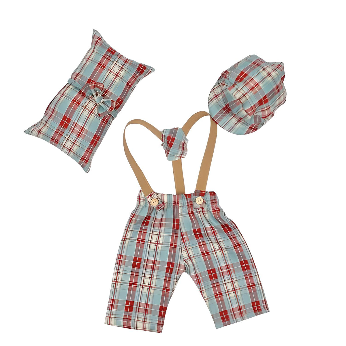 MOMISY Baby Photography Props Set, 4 Pieces, Gentleman Cap with Bow, Pillow and Dungaree (Red, 0-3 Months)