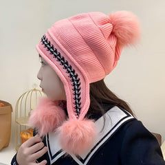 MOMISY Girl's Winter Warm Pom-Pom Balaclava Hat Full Cover Earflap Hood Cap_5-10 Years (Pink)