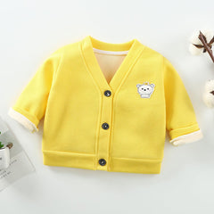 MOMISY Baby Boy & Girls Sweater Jacket Front Open V Neck Cardigan with Lining (2-3 Years, Yellow)