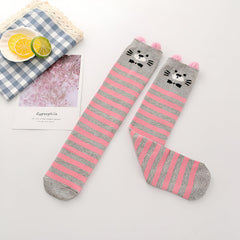 MOMISY Kids 1 Pair of Unisex Baby Spring Winter And Autumn Combed Cotton Long Tube Knee-High Socks, Size 3 to 12 Years, LightPInkGreyStripes