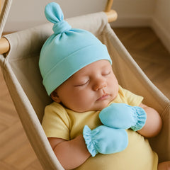 MOMISY Newborn Baby's Cotton Cap Mitten Set, 0-6 Months (IN, Age, 0 Months, 6 Months, SkyBlue)