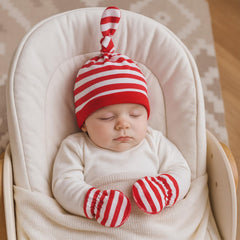 MOMISY Newborn Baby's Cotton Cap Mitten Set, 0-6 Months (IN, Age, 0 Months, 6 Months, RedStripe)