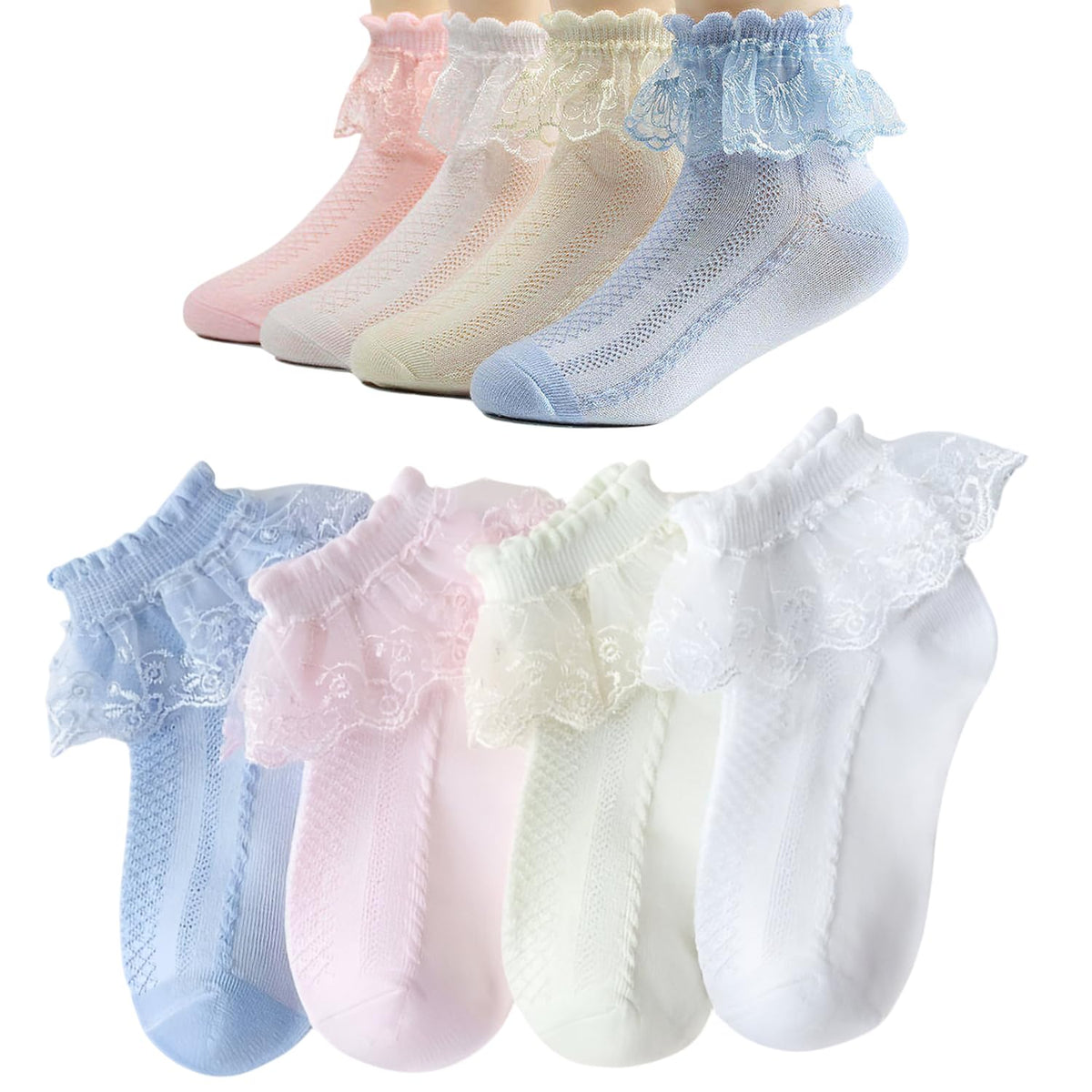 MOMISY Baby Girl Kids Toddlers Infant Lace Socks Cotton Ankle Length Stretch-Flower Net-Multicolour-Set Of 4 Numbers (4 To 7 Year)