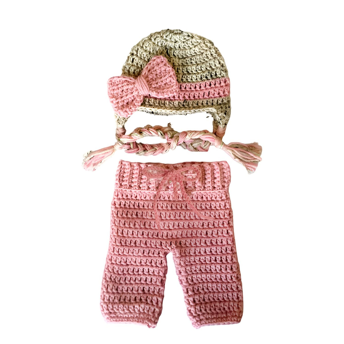 MOMISY Handmade Crochet Baby Photography Prop Set, Pink and Khaki Cap with Bow, Pants Photoshoot Costume