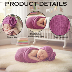 MOMISY Newborn Photography Photoshoot Prop, Crochet Costume Set, Knitted Sleep Bag with Flower Cap-Purple