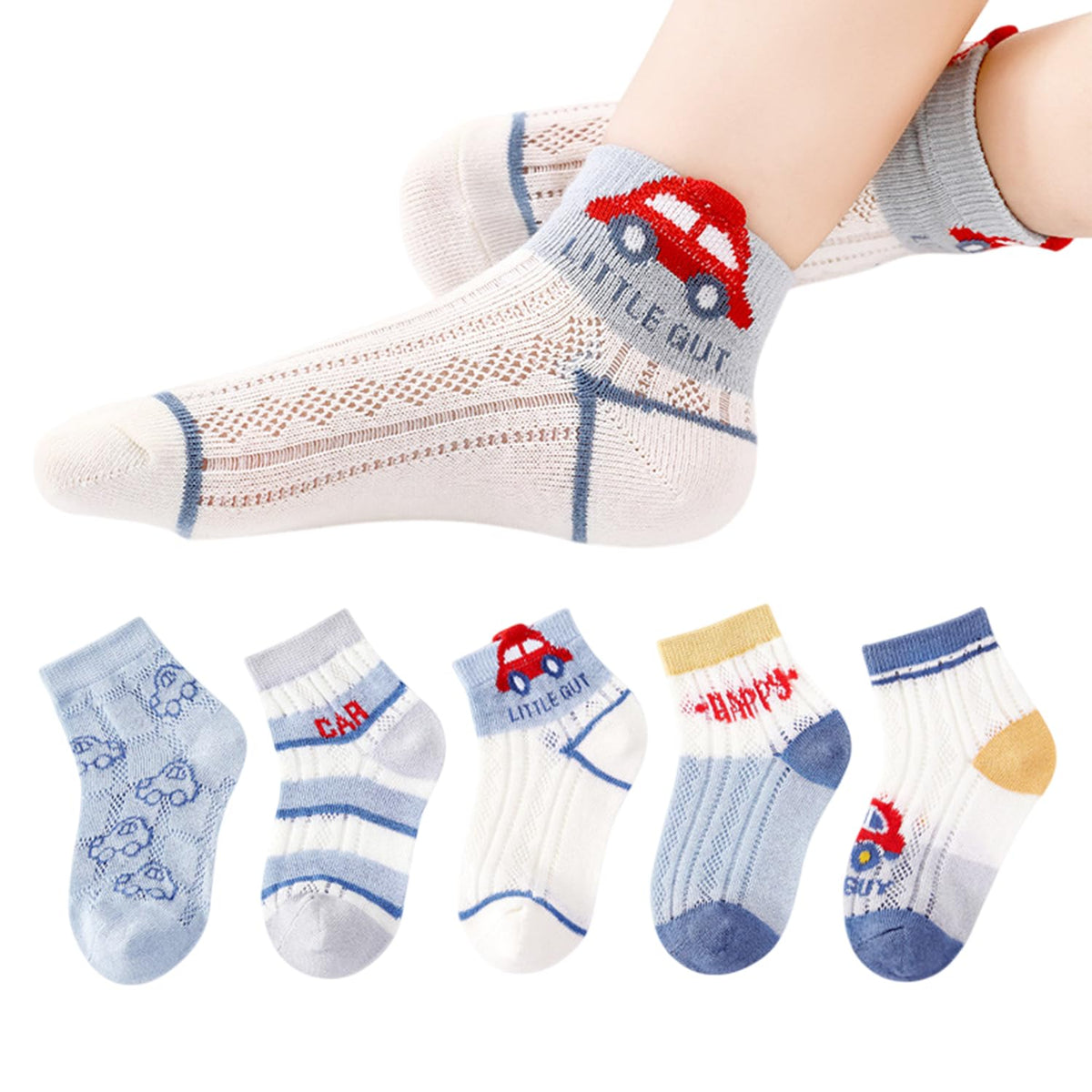 MOMISY 5 Pairs Baby Kids Girl Boys Tube Socks Toddlers Comfortable Ankel Length gifts (IN, Age, 3 Years, 5 Years, Thin Car)