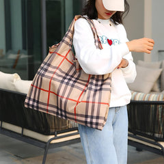 MOMISY Designer Pattern Reusable and Foldable Shopping Bag/Tote Hand bag/Travel Bag/Grocery Bag | Heavy Duty, Eco Friendly | Compact, Lightweight and Convenient (Checks Khaki)