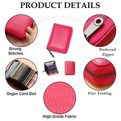 MOMISY PU Leather Credit Debit Card Holder Wallet Card Case ID Case Organizer Holder Zipper Wallet Coin Purse for Men & Women (14 Slots Rose Red)