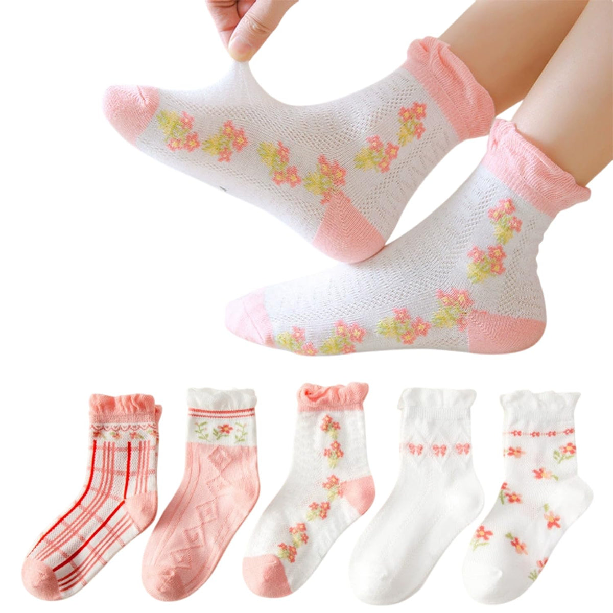 MOMISY 5 Pairs Baby kids Girl Boys Toddlers InfantmCotton Stretch Baby Socks (IN, Age, 1 Year, 3 Years, PinkWhite)
