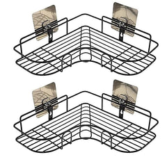 MOMISY Wall Mounted Self Adhesive Corner Shelf for Bathroom Corner/Kitchen Rack Holder with Magic Sticker/Bathroom Organizer Without Drill (2, L Shape Black)