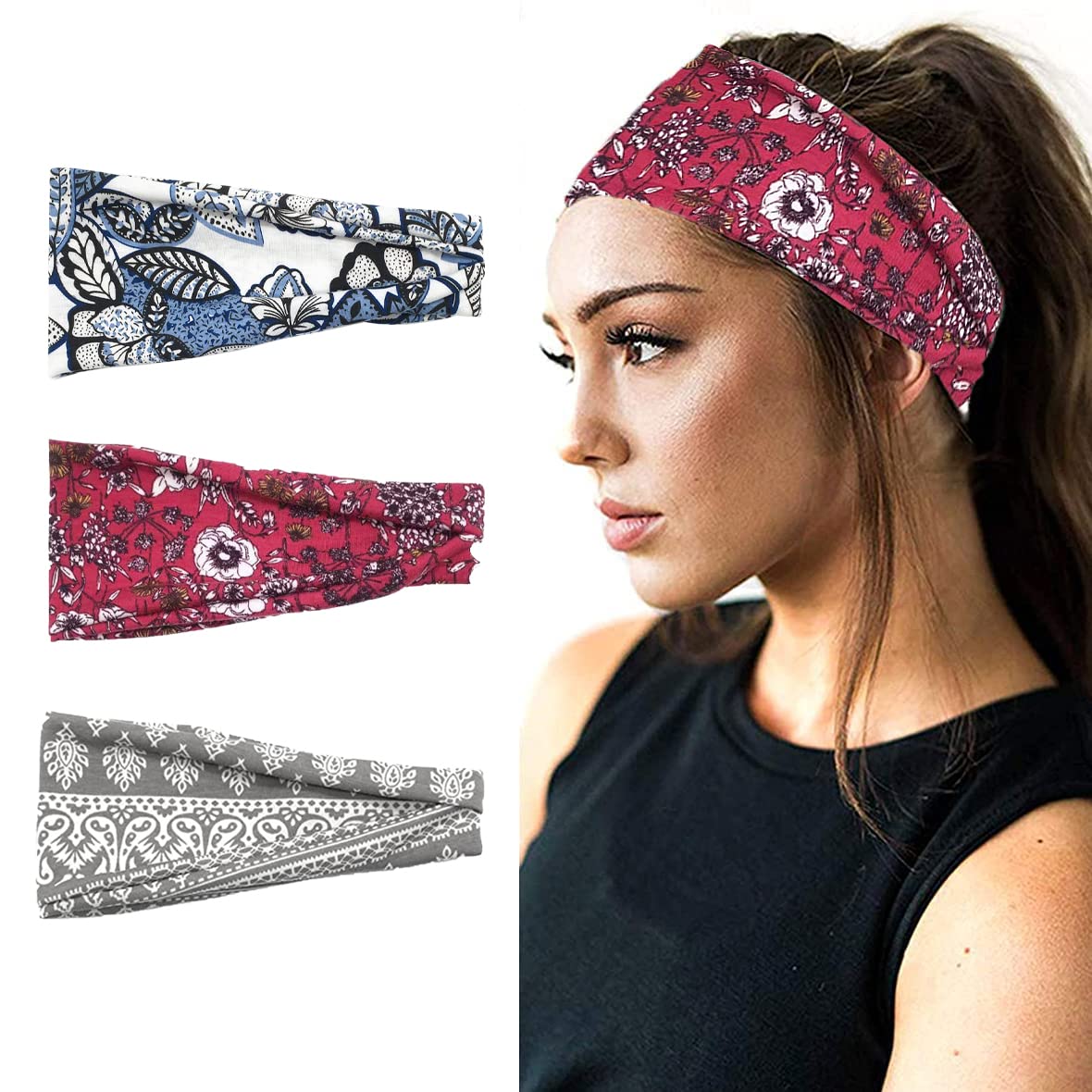 MOMISY 3Pcs Headbands for Women Yoga Running Sports Workout Hiking Hairband Elastic Non Slip Sweat Soft Hair Fashion Bands for Girls- Blue White, Dark Pink, Grey