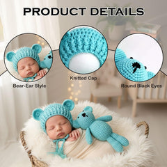 MOMISY Newborn Baby Photography Props Costume with Wool Cap (Teddy Blue, 0-6M)