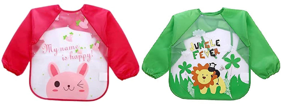 MOMISY Waterproof Smock Painting Apron for Kids Full Sleeve Feeding Bib for Babies Cartoon Animal Art for Infants Toddler Boys Girls (Red Happy-Green Jungle)-Set of 2