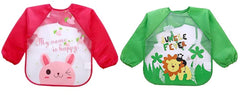 MOMISY Waterproof Smock Painting Apron for Kids Full Sleeve Feeding Bib for Babies Cartoon Animal Art for Infants Toddler Boys Girls (Red Happy-Green Jungle)-Set of 2