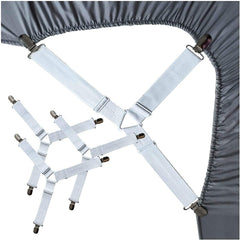 MOMISY Bed Sheet Holder Straps | Adjustable Bed Sheets Fastener and 3 Way Mattress Cover Holder Fasteners | The Triangle Bedding Keeper with Heavy Duty Grippers Clips Black Triangle (4pc/Set) (White)