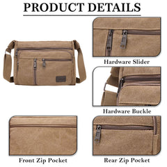 MOMISY Canvas Sling Cross Body Bag Travel Side Bag Office Messenger Bag Business Bag Multi Pocket Shoulder Bag Money Bag for Adults, Men and Women (Brown)