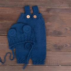 Baby Photography Costume Set, Knitted Bear Ear Beanie Cap with Romper, Navy Blue