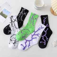MOMISY Men’s Cotton Crew Socks | Stylish Lightning Pattern Casual Socks – Breathable & Comfortable – Pack of 5 (Multicolor)